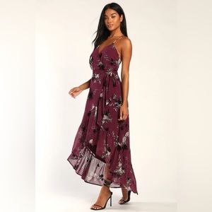 NWT Lulus Plum Purple Floral Print Ruffled High-Low Dress